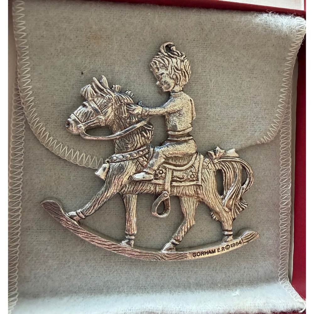 1984 Gorham Silver Plated Ornament Boy on Rocking Horse includes box & pouch